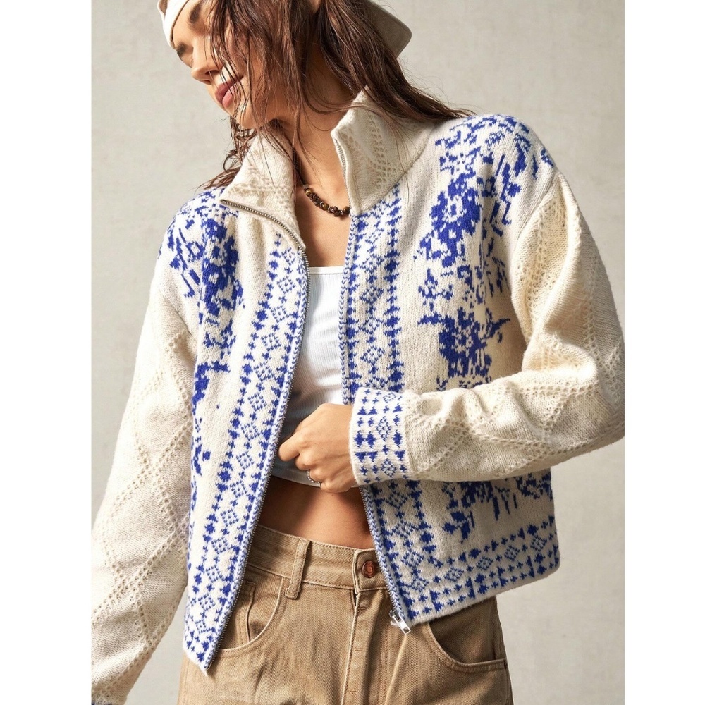 Boho Off White with Blue Floral Knit Cardigan Zip Up Long Sleeve